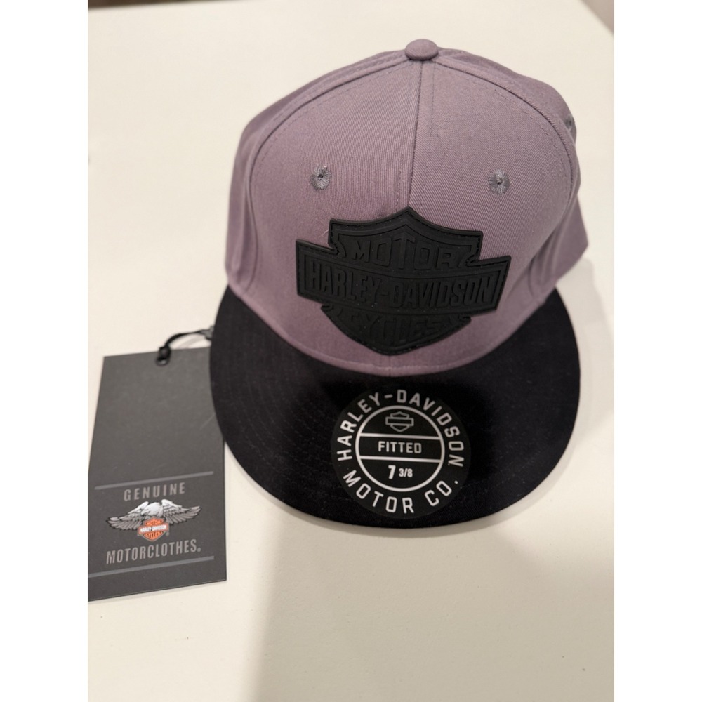 Harley Davidson Mens Grey Black Fitted Hat 7 3/8 Rubber Logo Flat Brim Cap NEW
